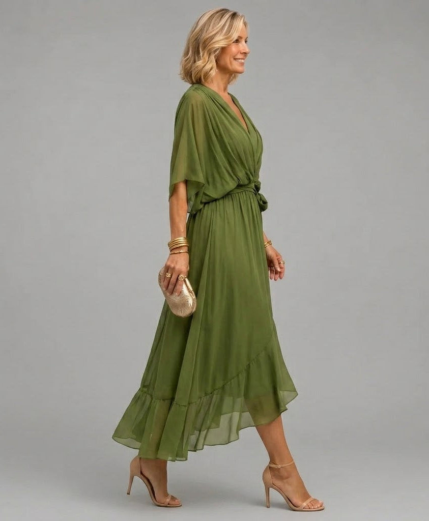 Veda Draped Tie-Waist Midi Dress