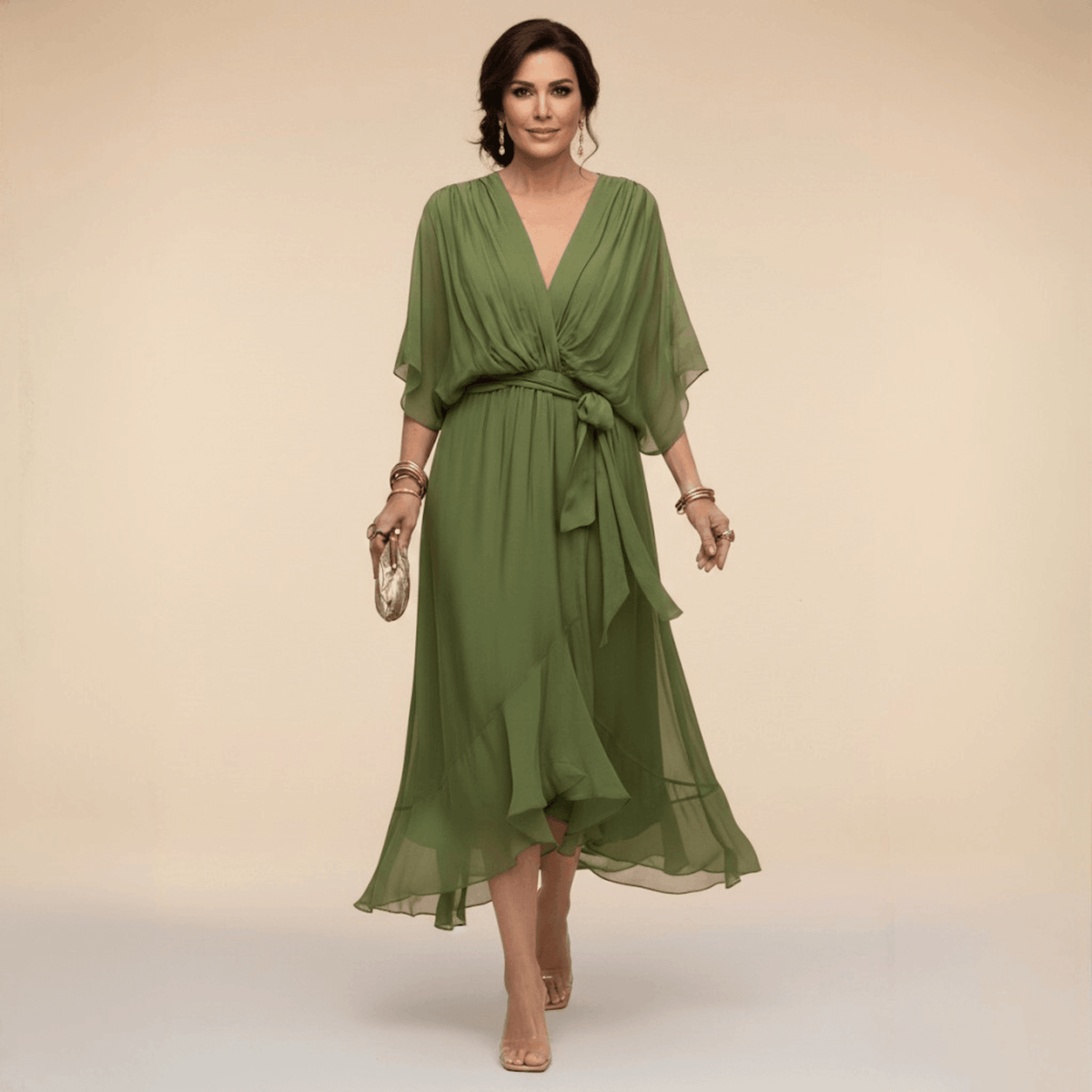 Veda Draped Tie-Waist Midi Dress