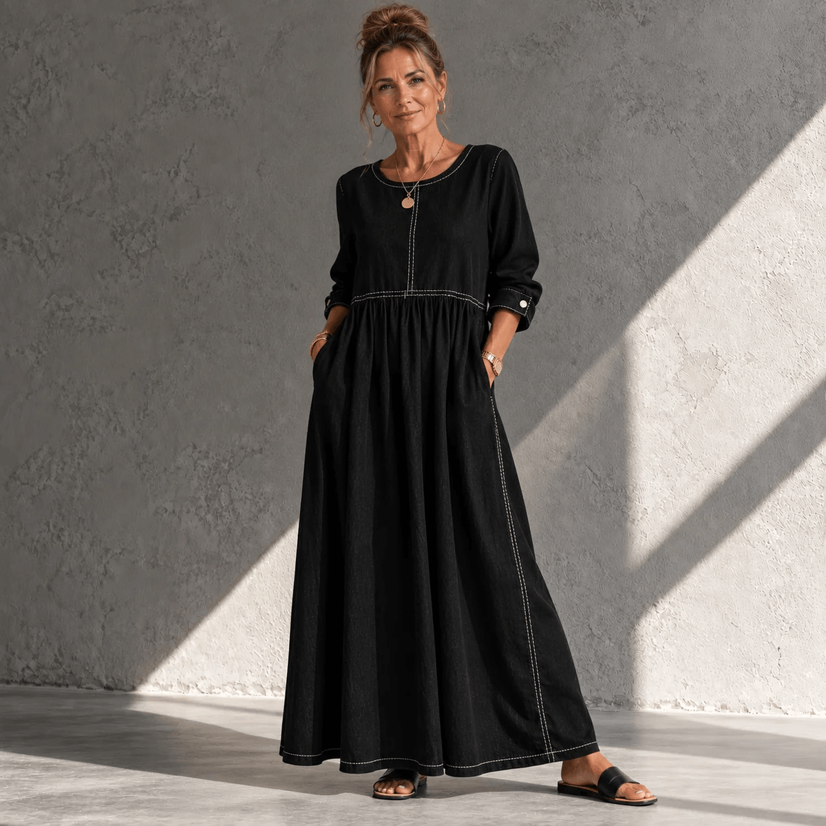 Arden Gathered Denim Maxi Dress