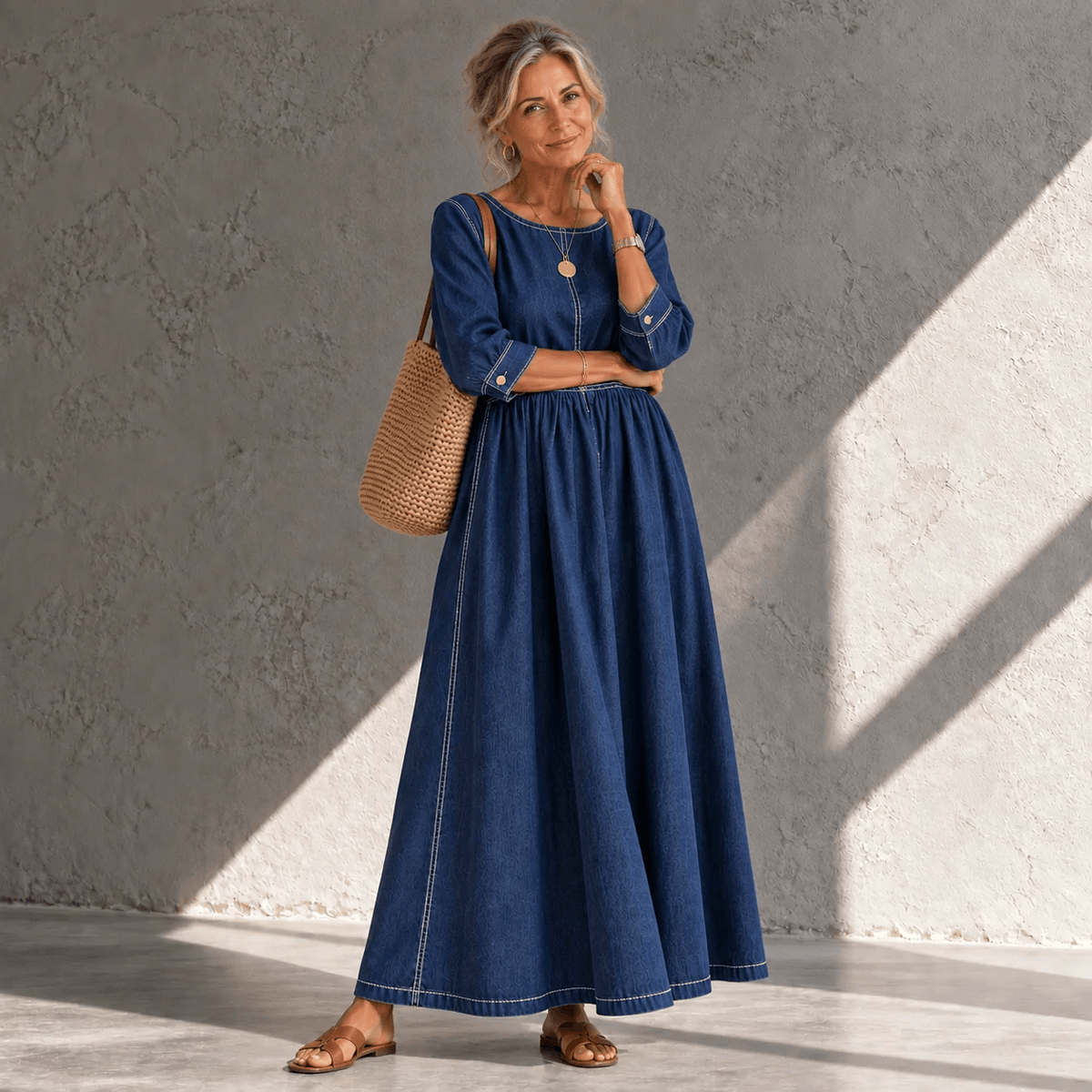 Arden Gathered Denim Maxi Dress